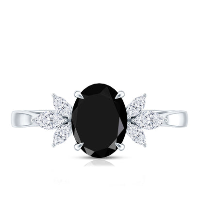 Oval Cut Black Onyx Engagement Ring with Diamond Trio