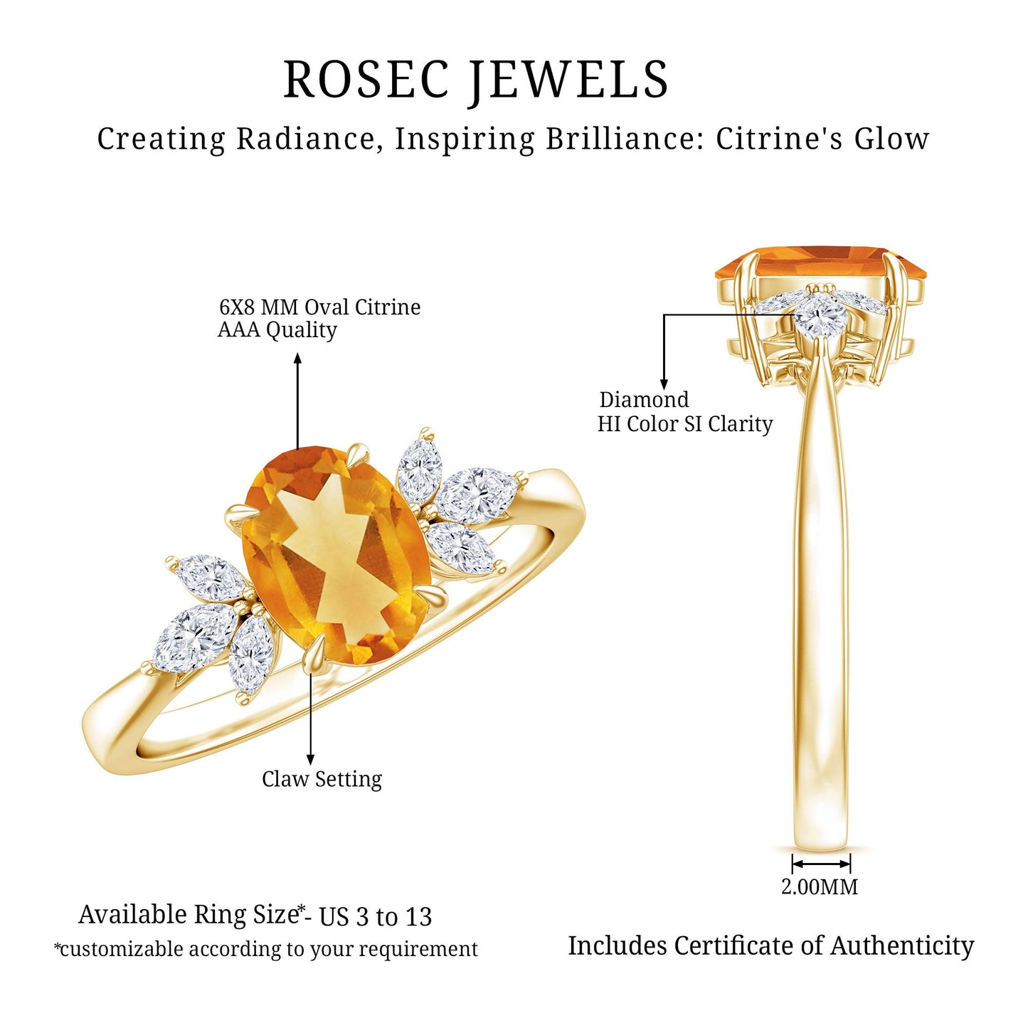 Certified Real 1 Carat Citrine Oval Engagement Ring with Diamond Trio
