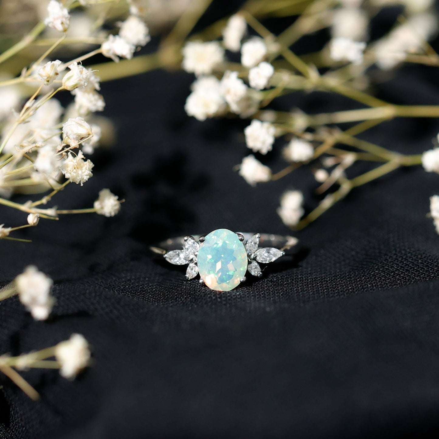 1.2 Carat Natural Rainbow Opal Oval Engagement Ring with Diamond