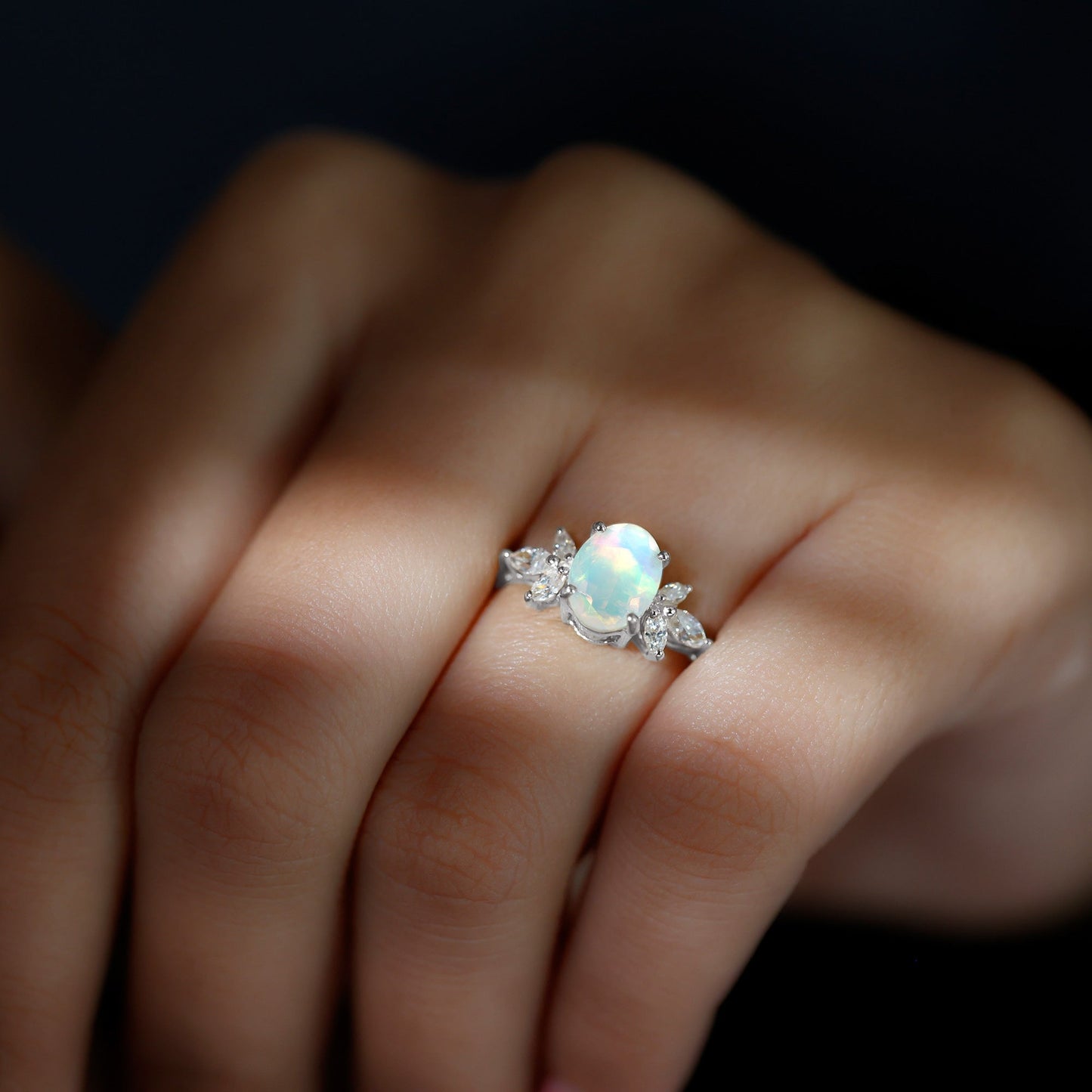 1.2 Carat Natural Rainbow Opal Oval Engagement Ring with Diamond