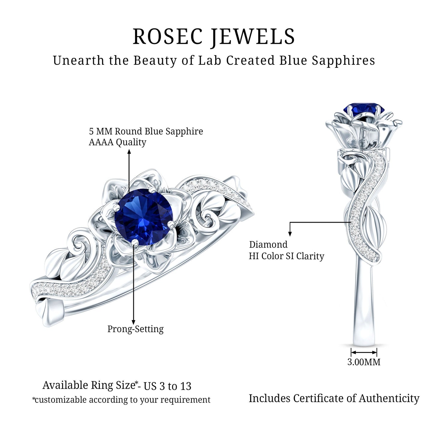 Certified Lab Grown Blue Sapphire Flower Engagement Ring with Diamond