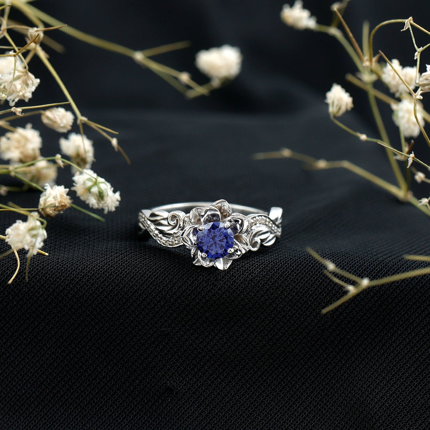 Certified Lab Grown Blue Sapphire Flower Engagement Ring with Diamond