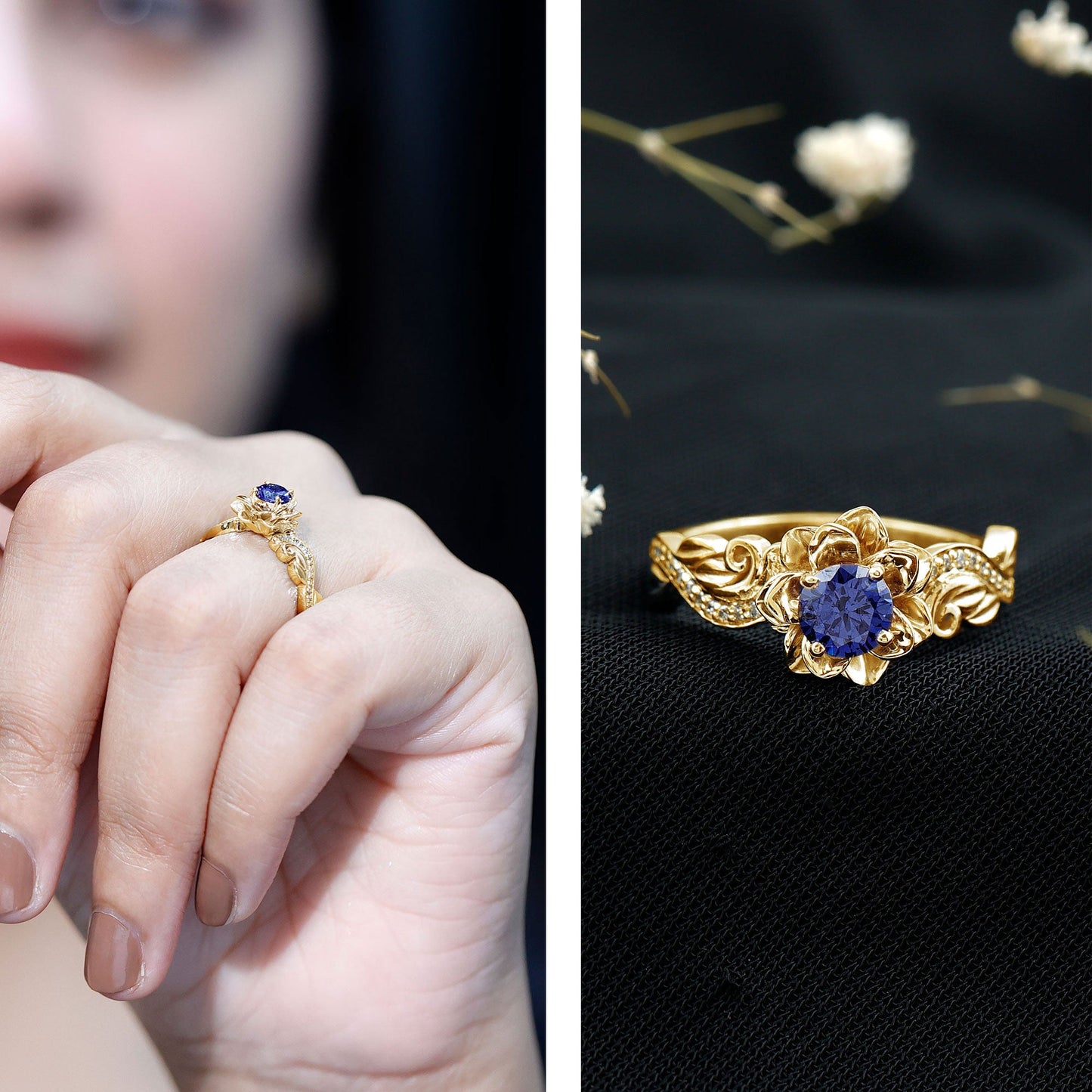 Certified Lab Grown Blue Sapphire Flower Engagement Ring with Diamond