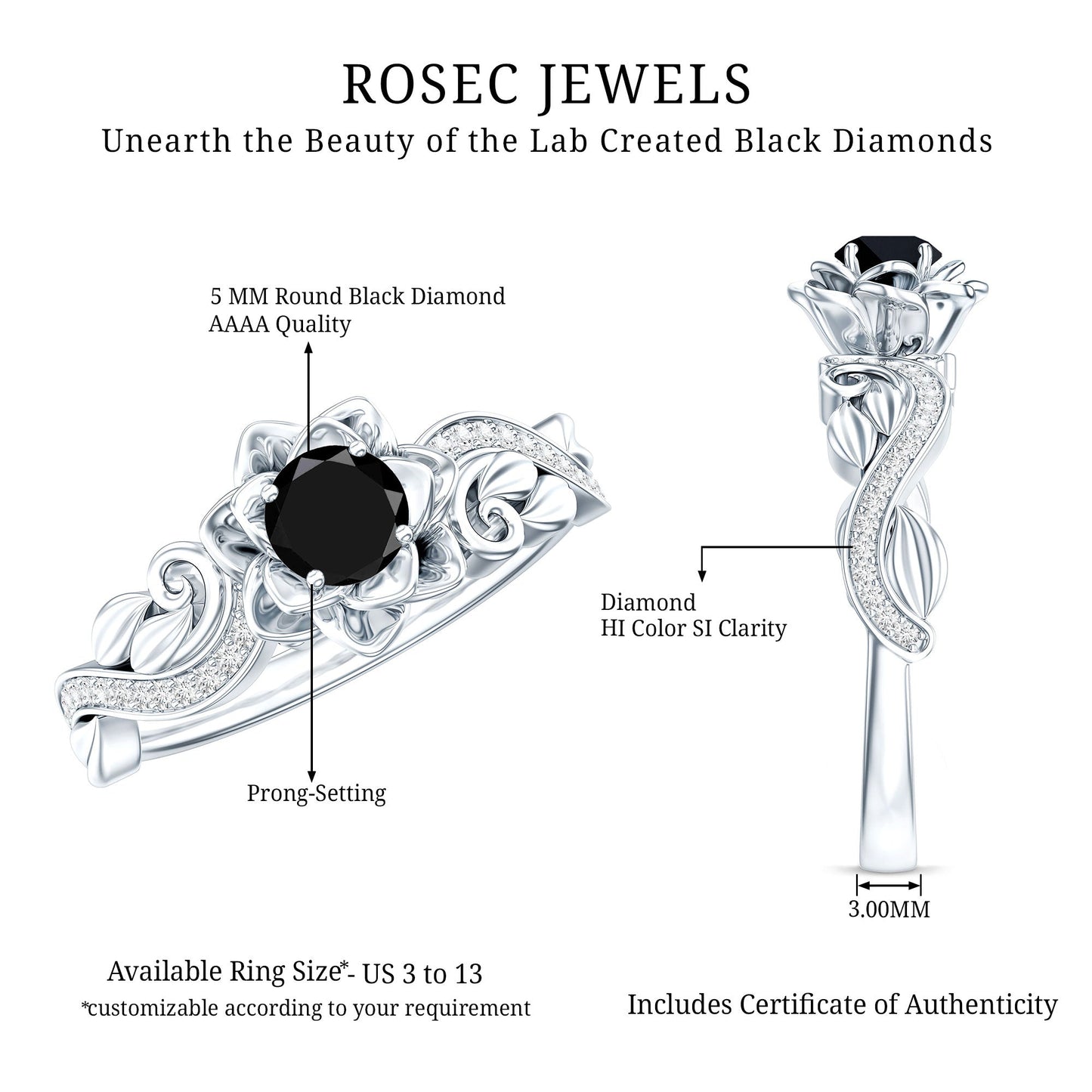 Certified 0.8 Carat Lab Grown Black and White Diamond Flower Engagement Ring
