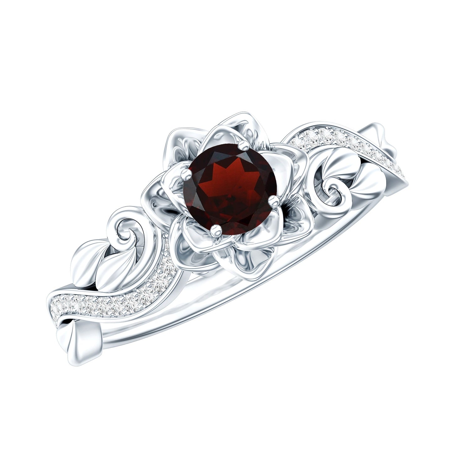 Certified Natural Garnet Rose Flower Engagement Ring with Diamond