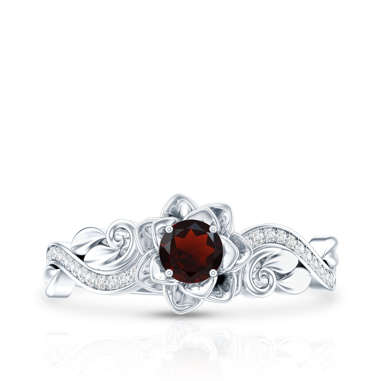 Certified Natural Garnet Rose Flower Engagement Ring with Diamond