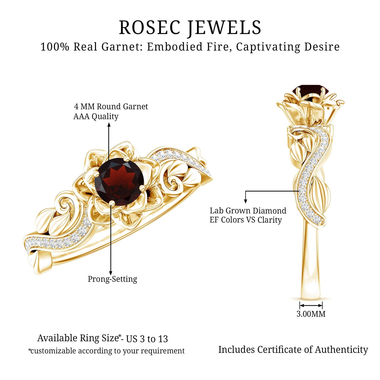 Certified Natural Garnet Rose Flower Engagement Ring with Diamond