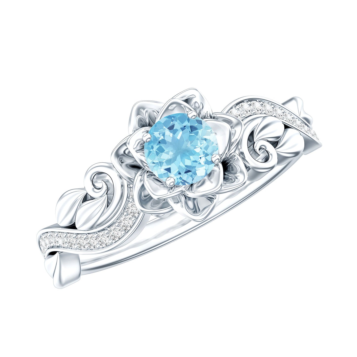 Natural Aquamarine Flower Inspired Engagement Ring With Diamond