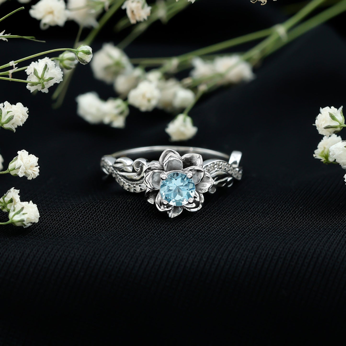 Natural Aquamarine Flower Inspired Engagement Ring With Diamond