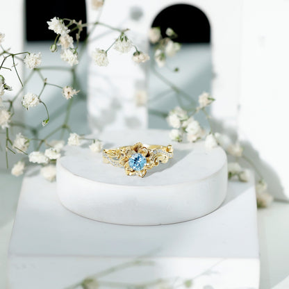 Natural Aquamarine Flower Inspired Engagement Ring With Diamond