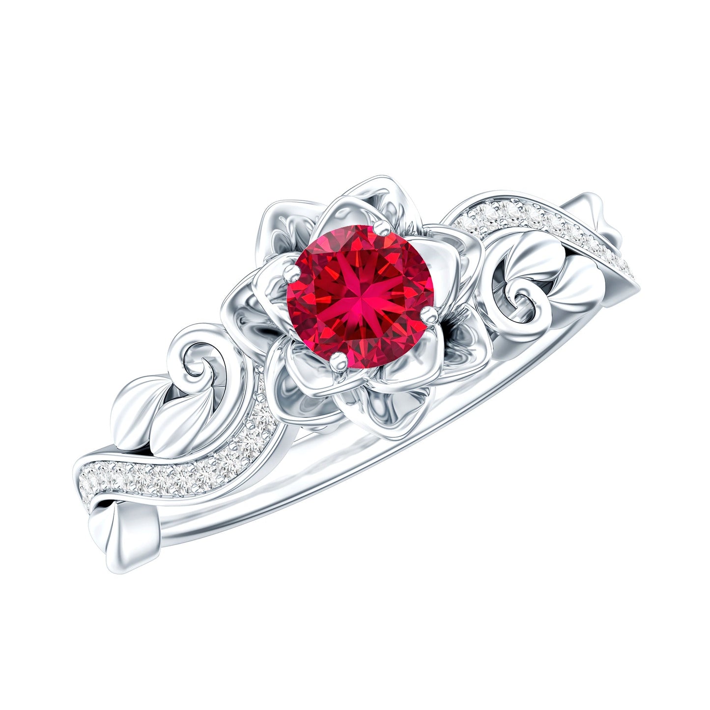 Nature Inspired Engagement Ring with Lab Ruby and Diamonds