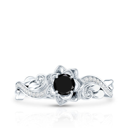 Nature Inspired Black Onyx and Diamond Floral Engagement Ring