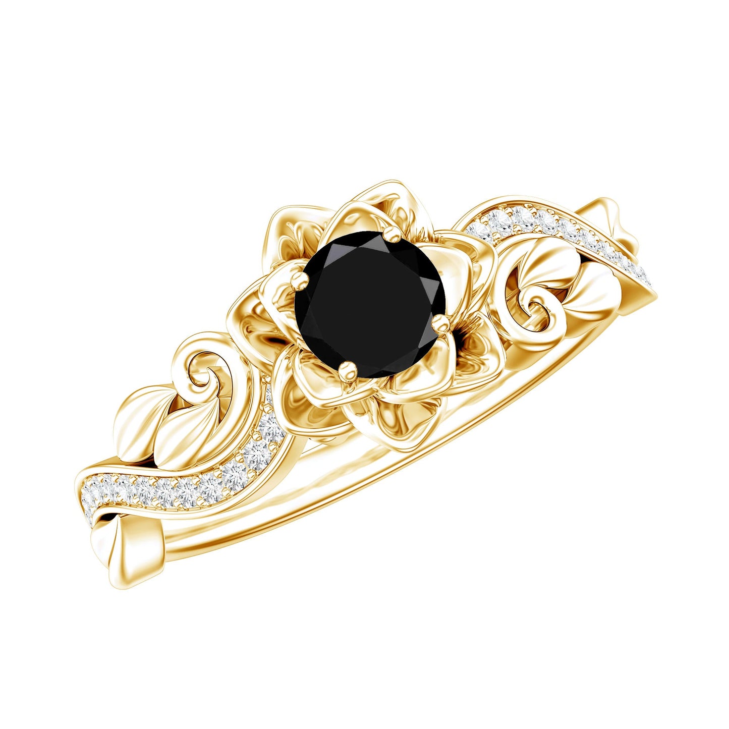 Nature Inspired Black Onyx and Diamond Floral Engagement Ring