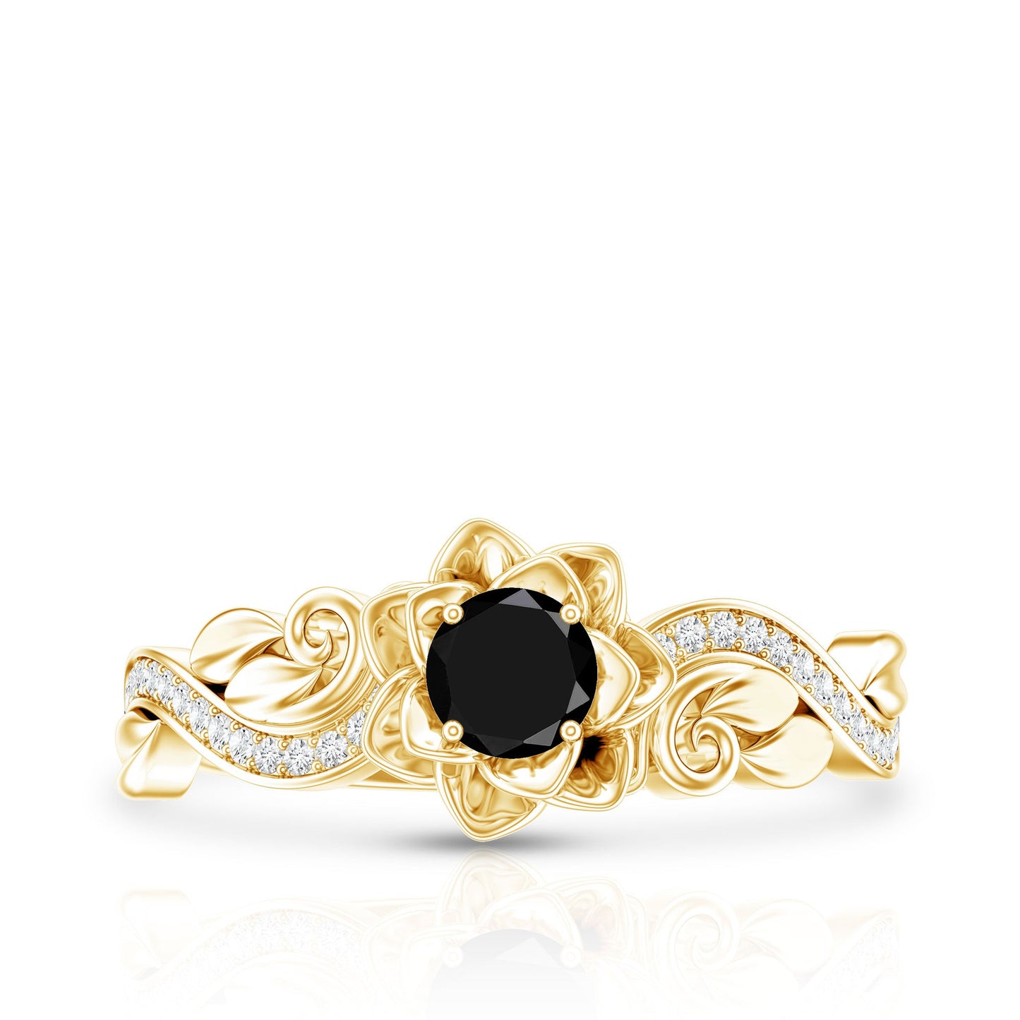 Nature Inspired Black Onyx and Diamond Floral Engagement Ring