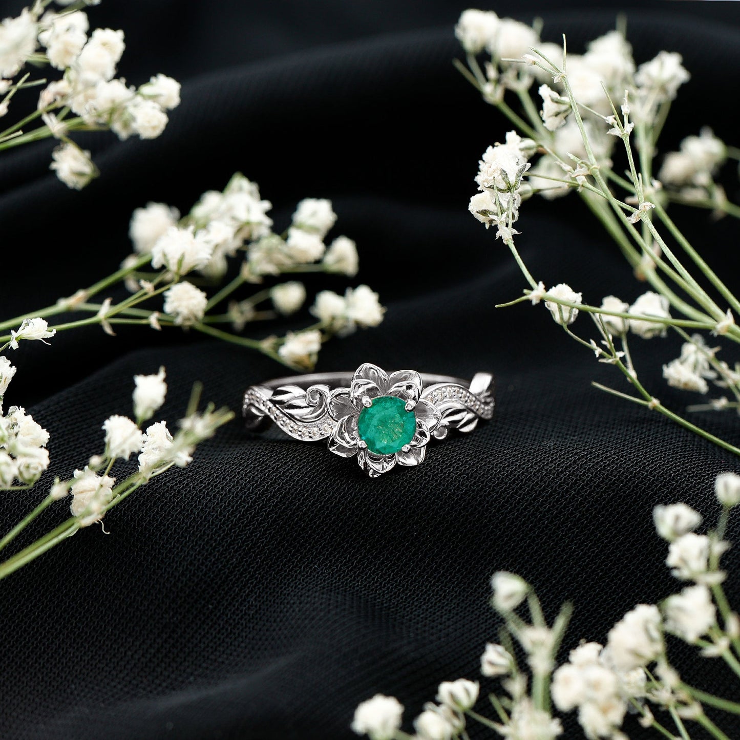 Natural Emerald Flower Engagement Ring with Diamond