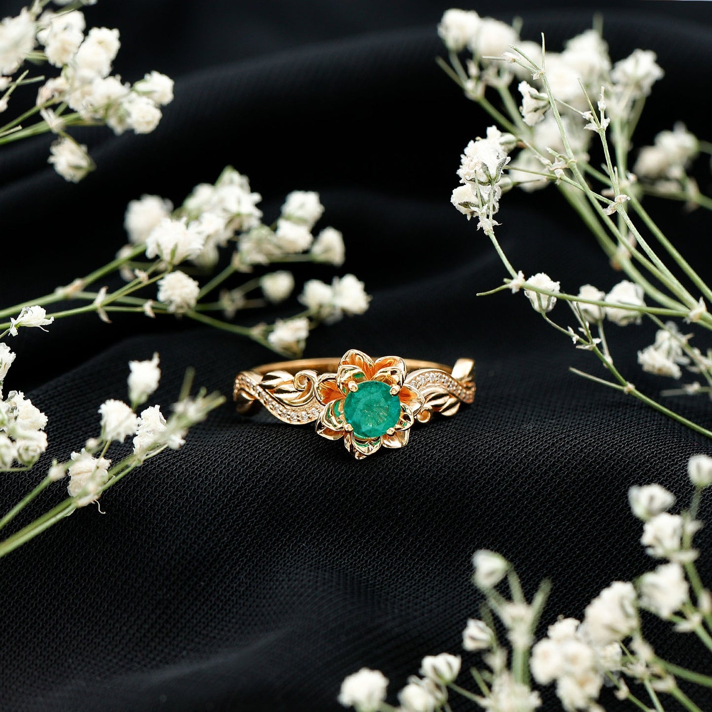 Natural Emerald Flower Engagement Ring with Diamond