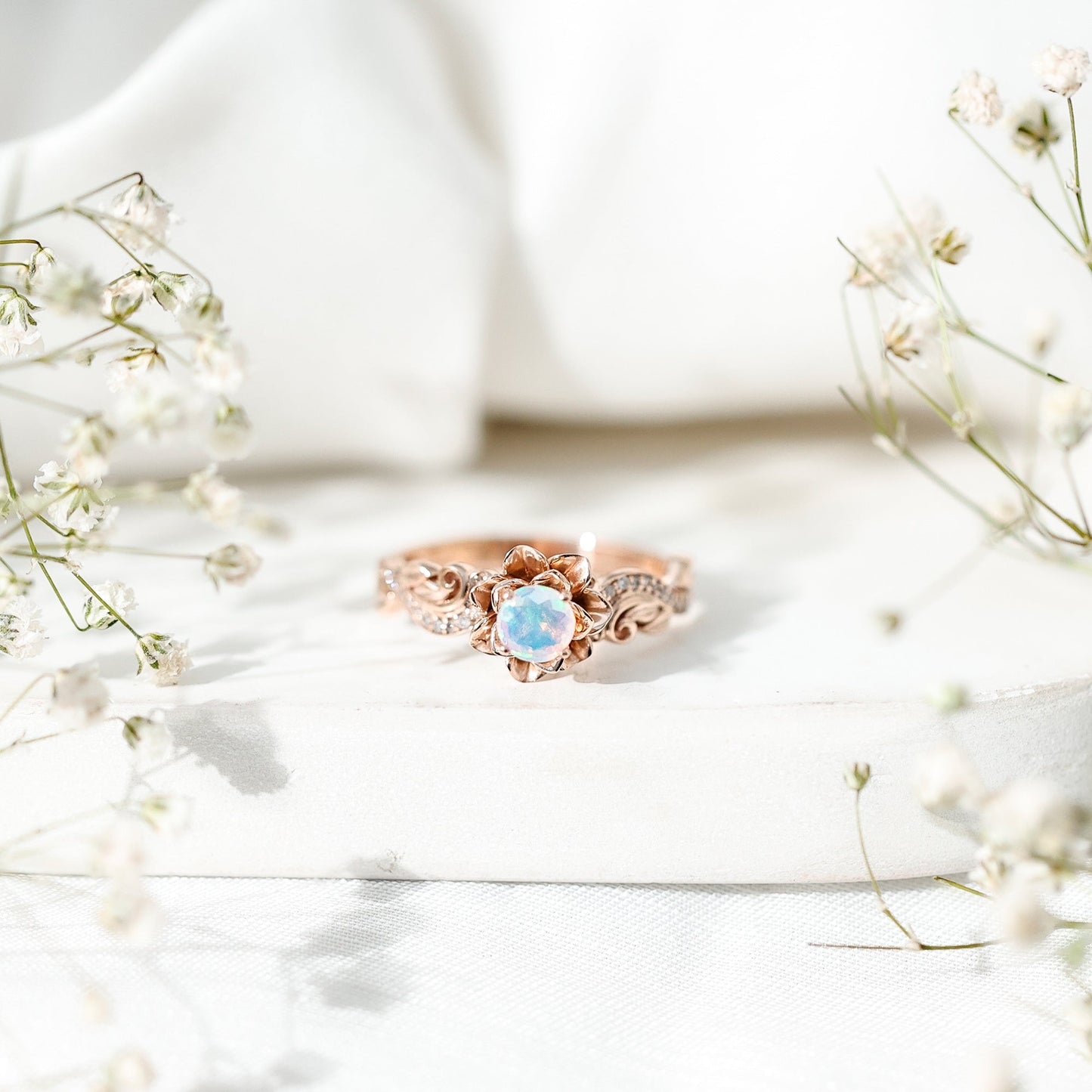 Genuine Ethiopian Opal Flower Engagement Ring With Real Diamond