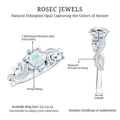 Genuine Ethiopian Opal Flower Engagement Ring With Real Diamond