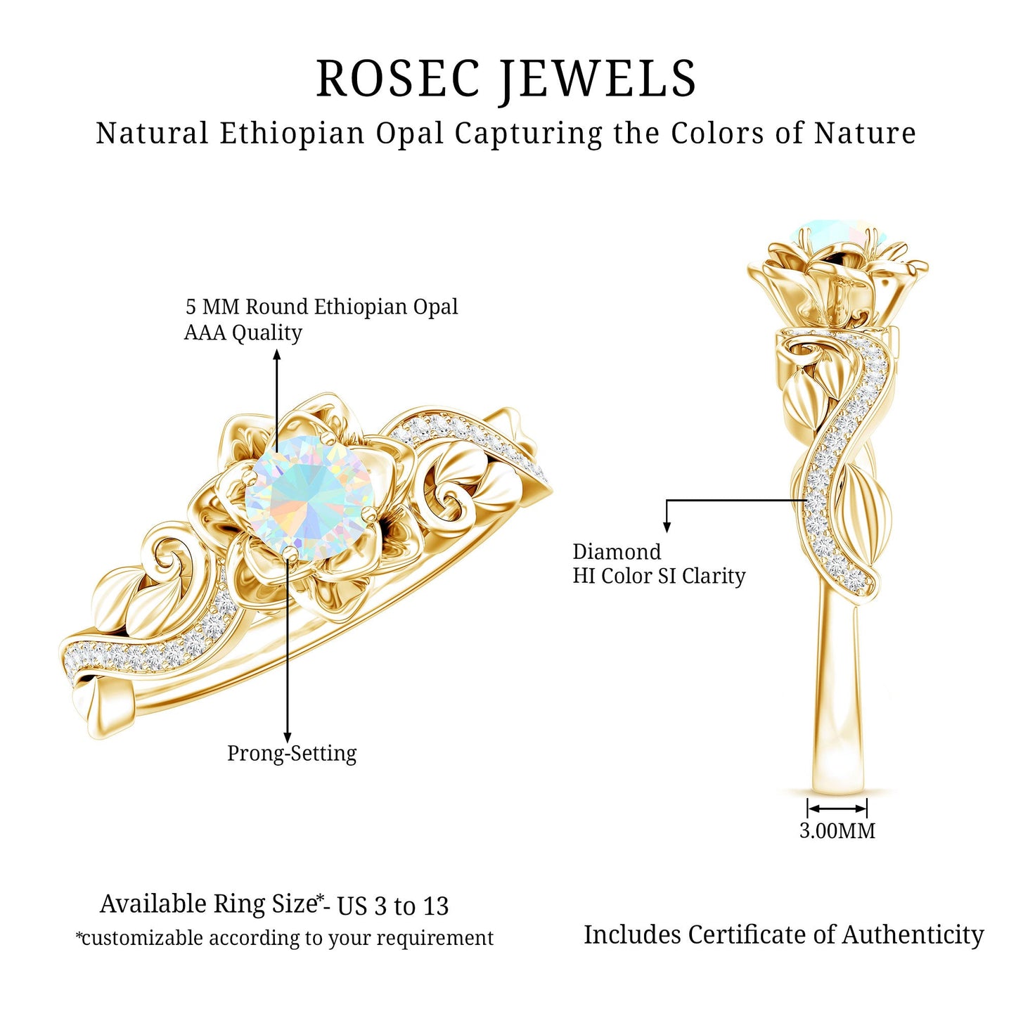 Genuine Ethiopian Opal Flower Engagement Ring With Real Diamond