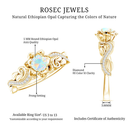 Genuine Ethiopian Opal Flower Engagement Ring With Real Diamond