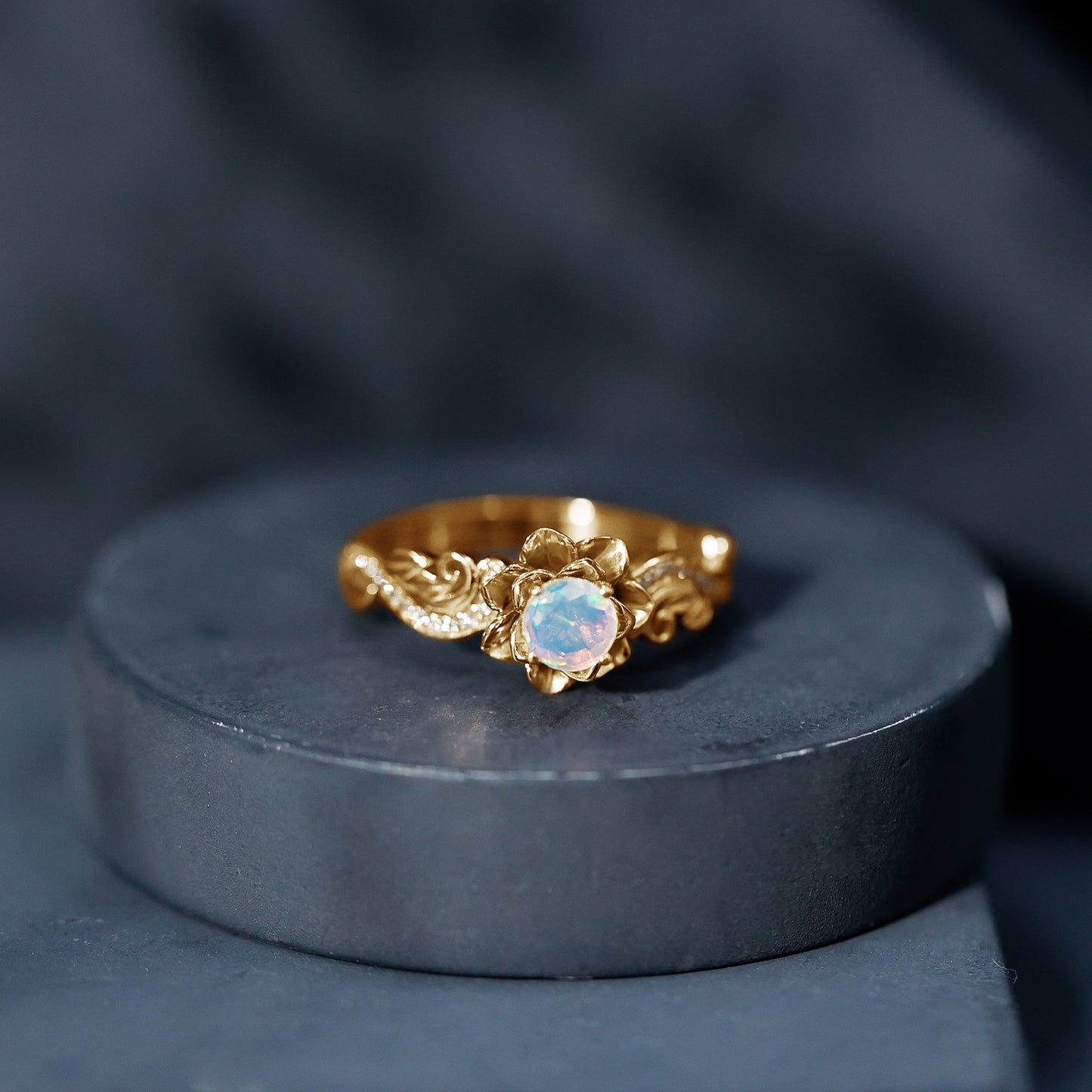Genuine Ethiopian Opal Flower Engagement Ring With Real Diamond