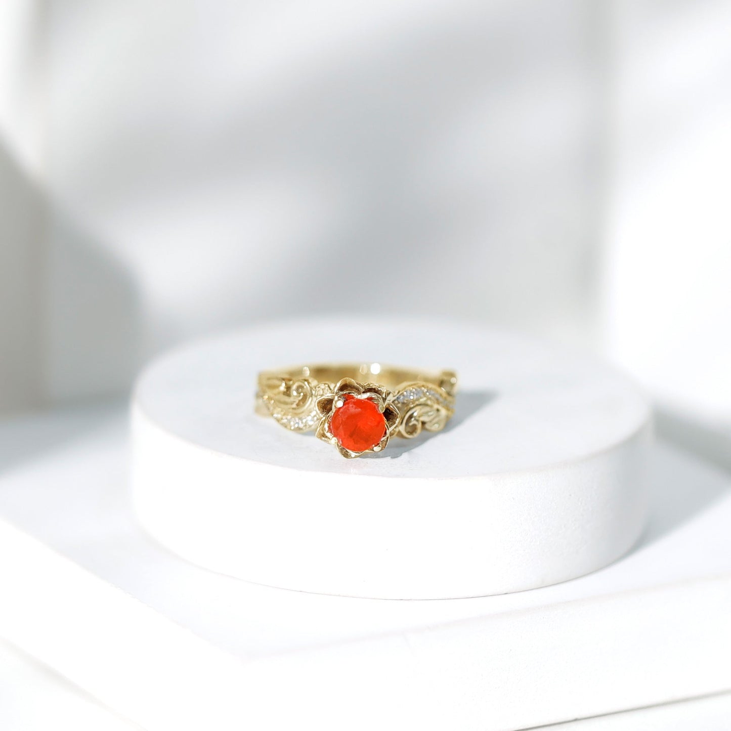 Nature Inspired Fire Opal and Diamond Engagement Ring with Certificate