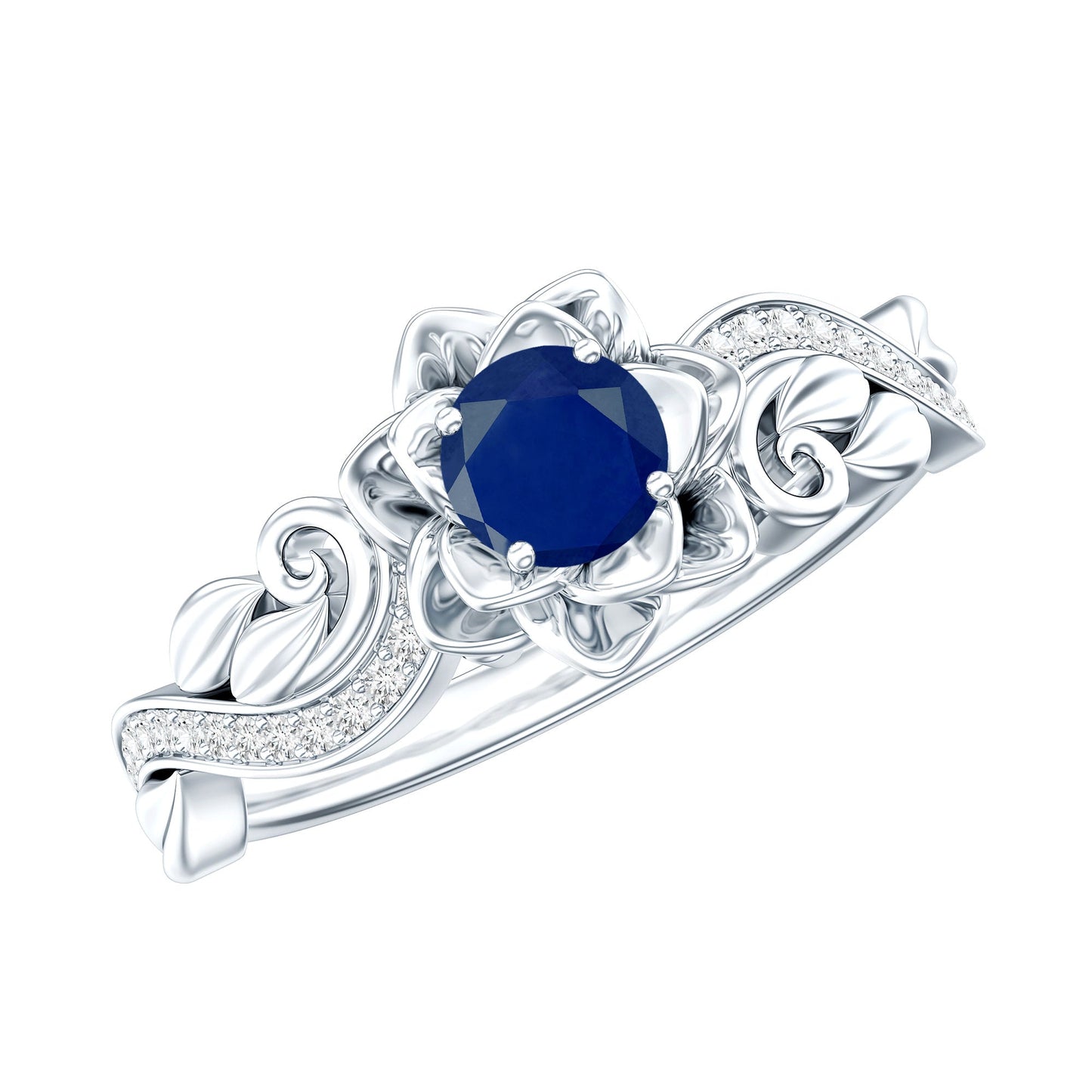 Rose Flower Engagement Ring with Genuine Blue Sapphire and Diamond