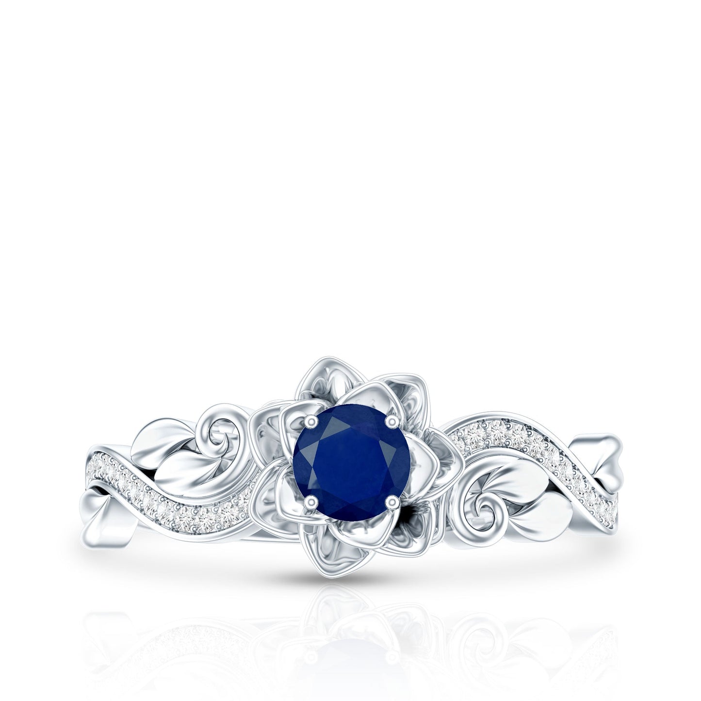 Rose Flower Engagement Ring with Genuine Blue Sapphire and Diamond