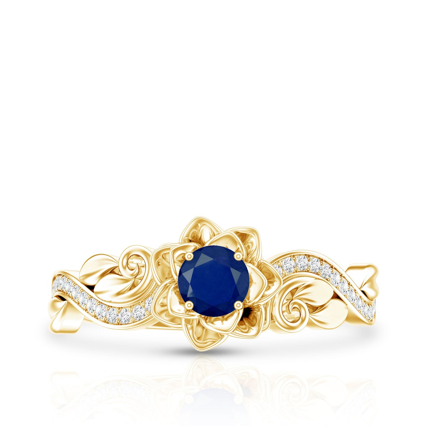Rose Flower Engagement Ring with Genuine Blue Sapphire and Diamond