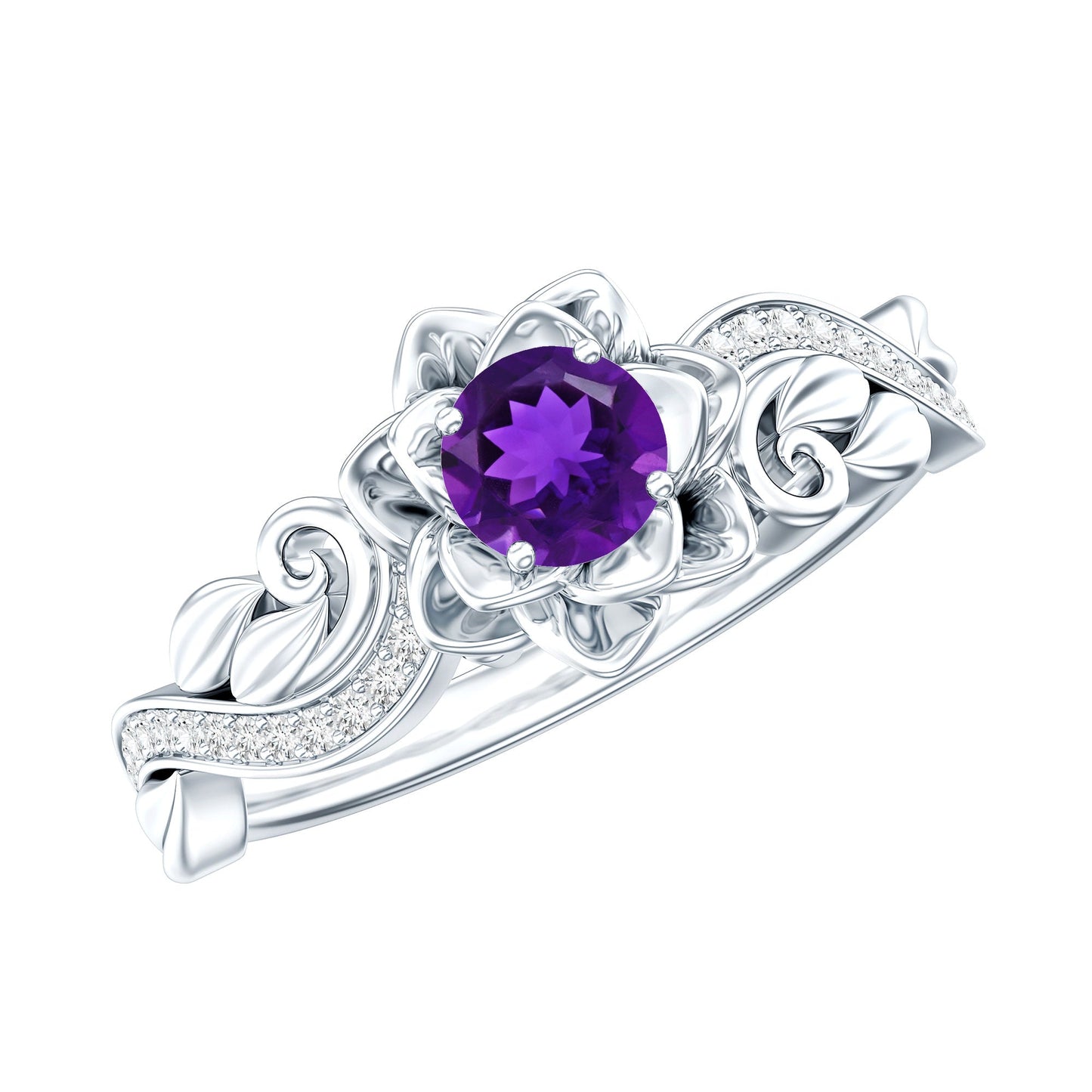 Real Amethyst Nature Inspired Engagement Ring With Diamond