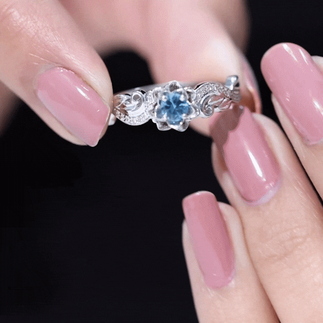 0.6 Carat Round Shape London Blue Topaz Nature Inspired Engagement Ring with Diamond