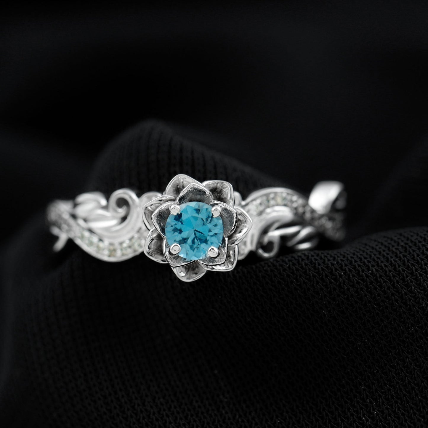 0.6 Carat Round Shape London Blue Topaz Nature Inspired Engagement Ring with Diamond