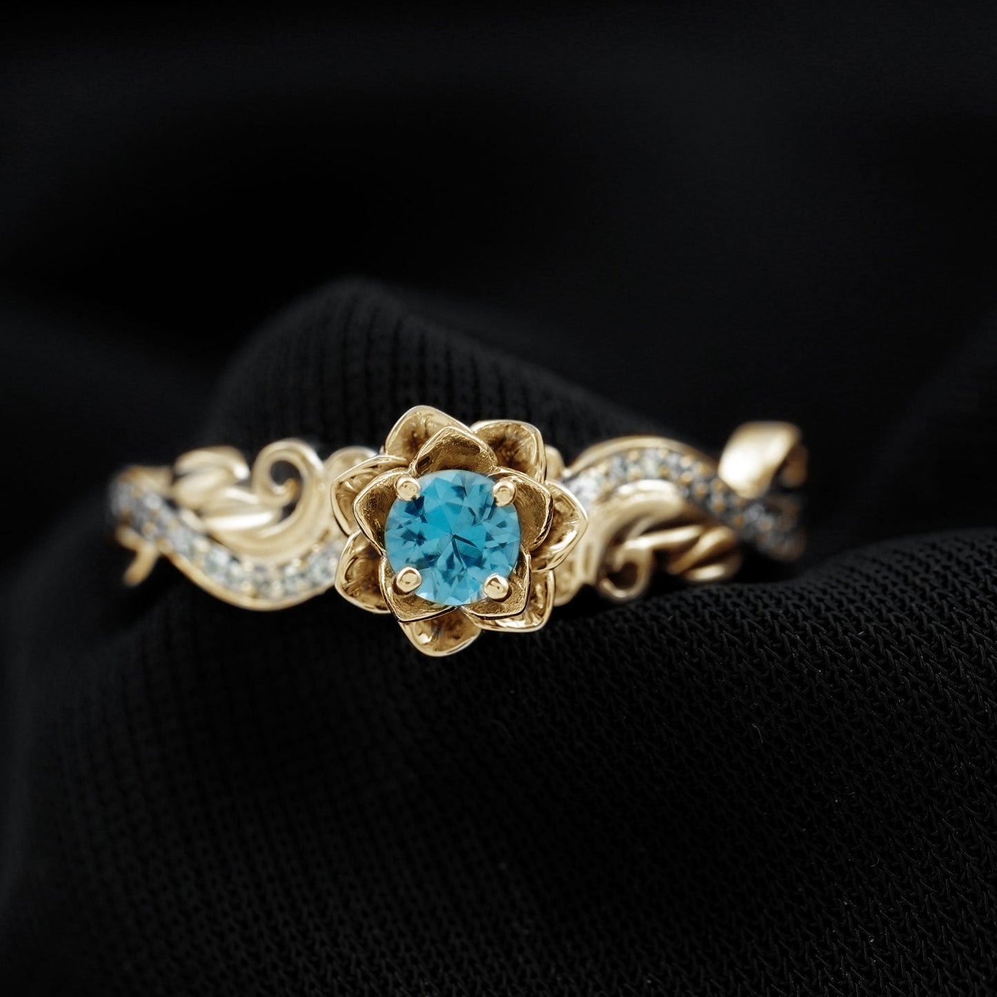 0.6 Carat Round Shape London Blue Topaz Nature Inspired Engagement Ring with Diamond