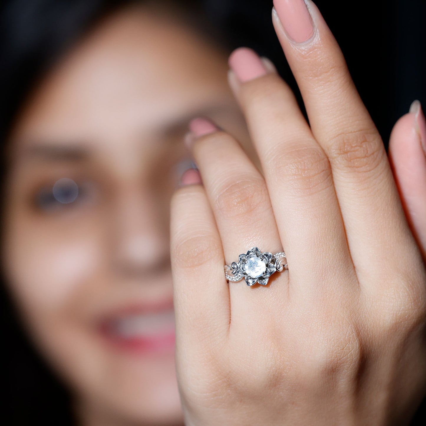 Natural Moonstone Rose Flower Engagement Ring With Diamond