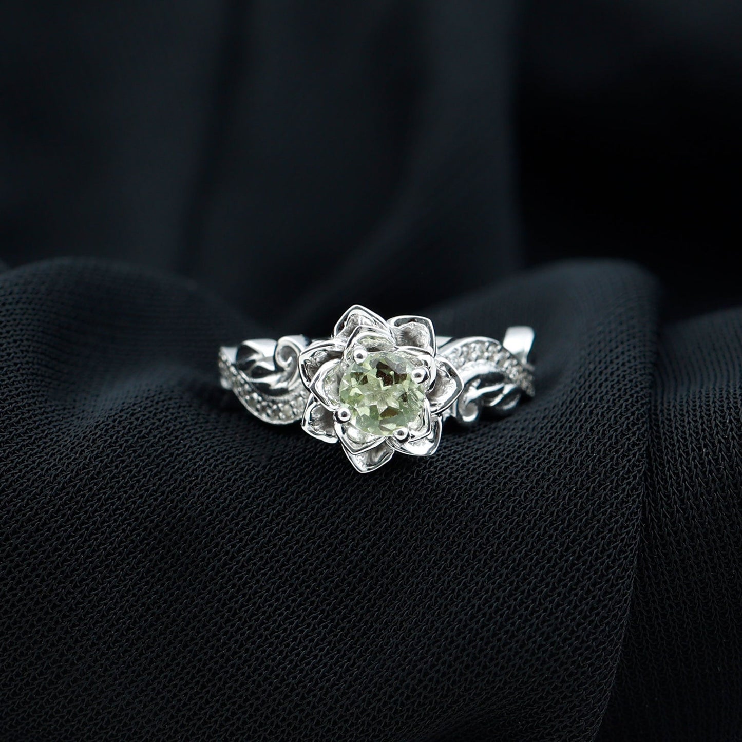 Genuine Peridot and Diamond Flower Inspired Engagement Ring