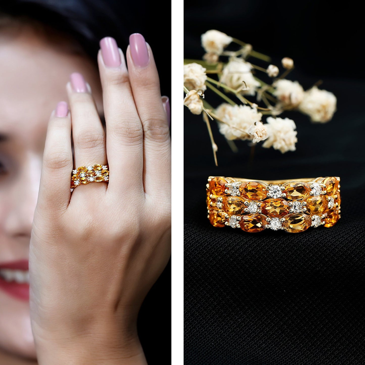 Certified Citrine Wide Wedding Band in Gold Plated Silver