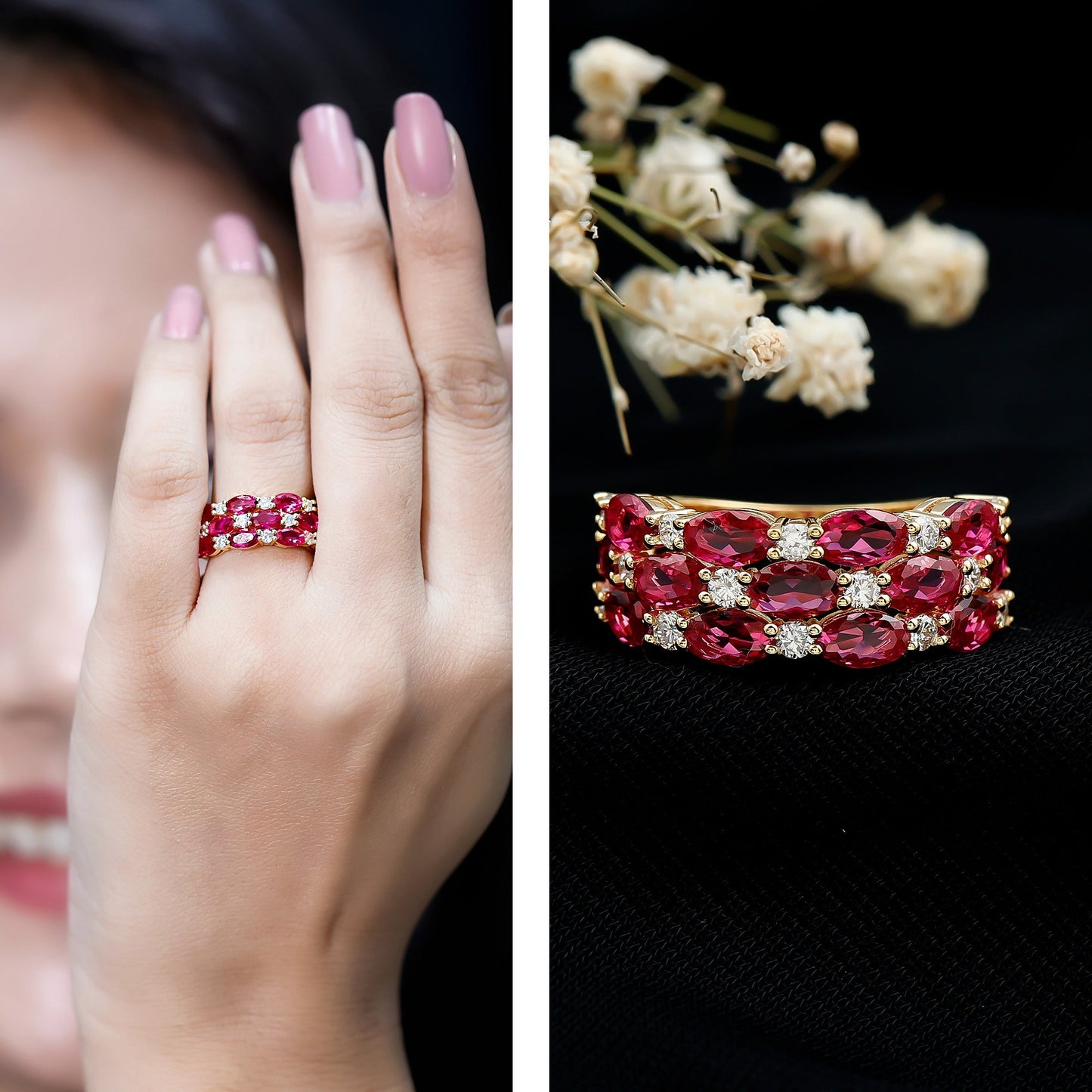 Lab Grown Ruby and Diamond Vintage Wedding Band in Silver
