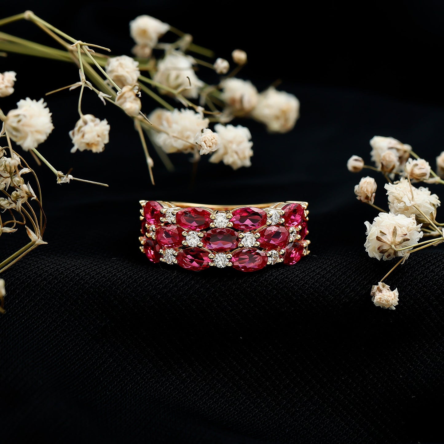 Lab Grown Ruby and Diamond Vintage Wedding Band in Silver
