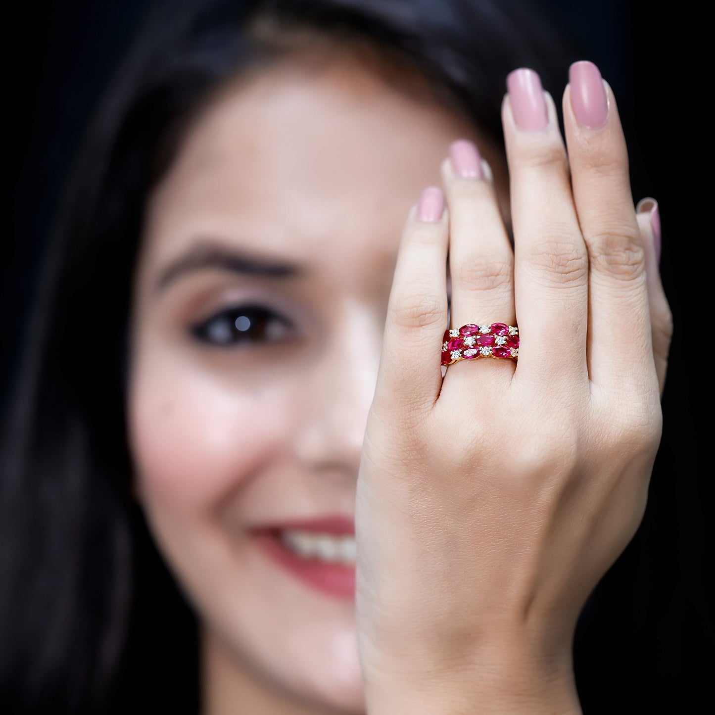 Lab Grown Ruby and Diamond Vintage Wedding Band in Silver