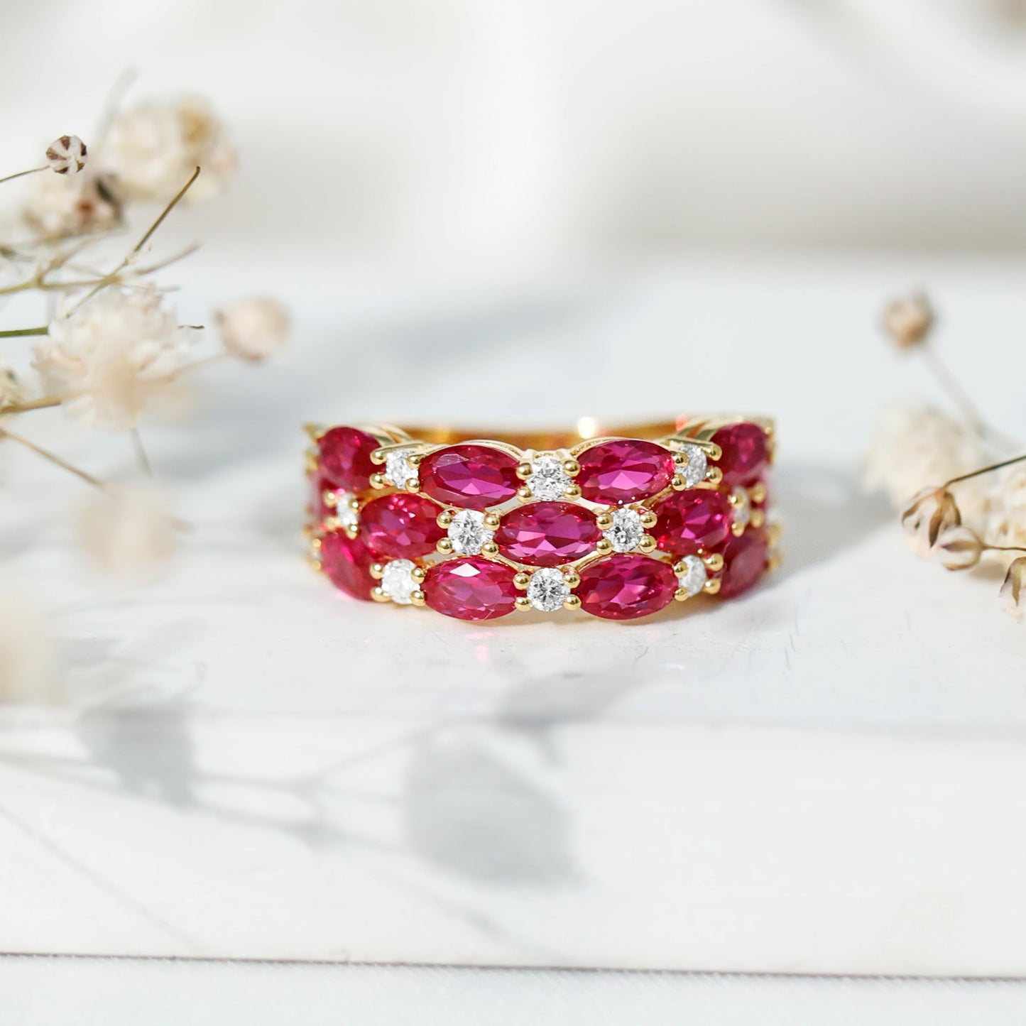 Lab Grown Ruby and Diamond Vintage Wedding Band in Silver