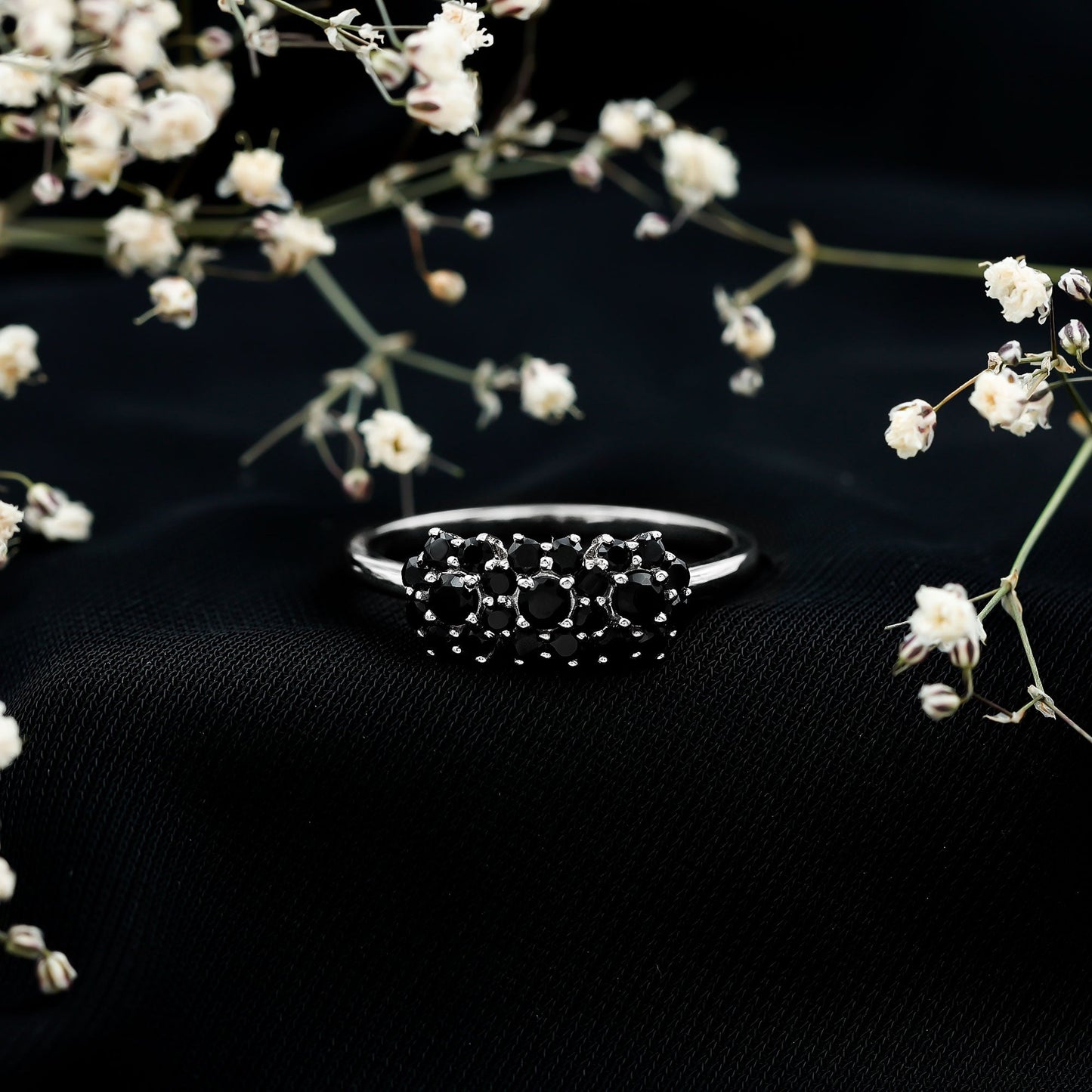 Certified Black Onyx Flower Engagement Ring