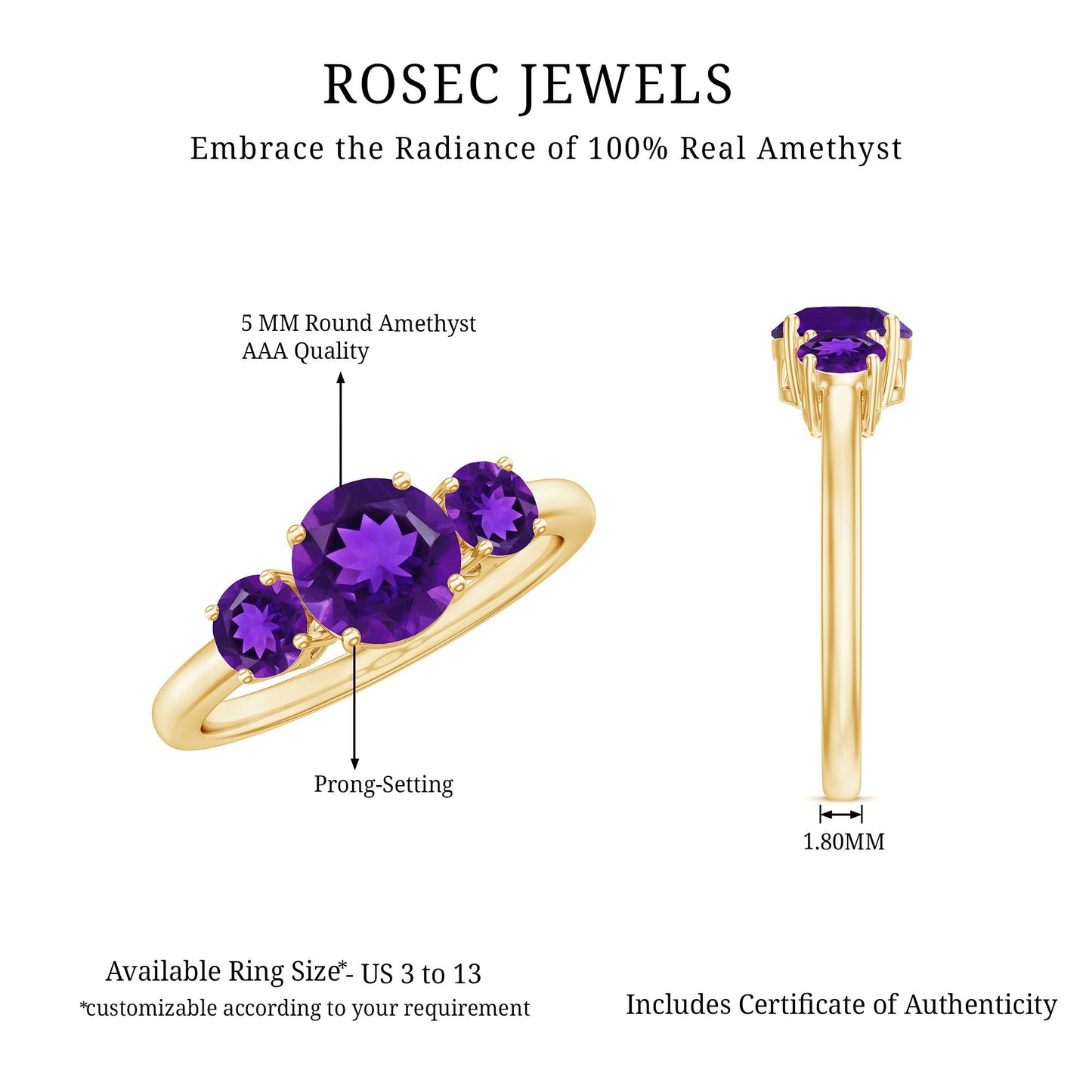 Real Amethyst 3 Stone Engagement Ring for Women