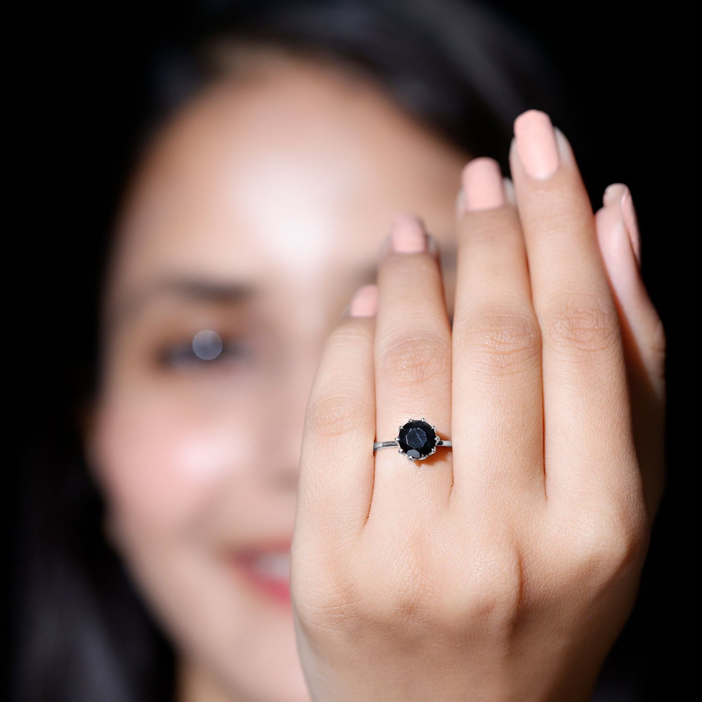 Lotus Basket Set Solitaire Black Onyx Engagement Ring for Women