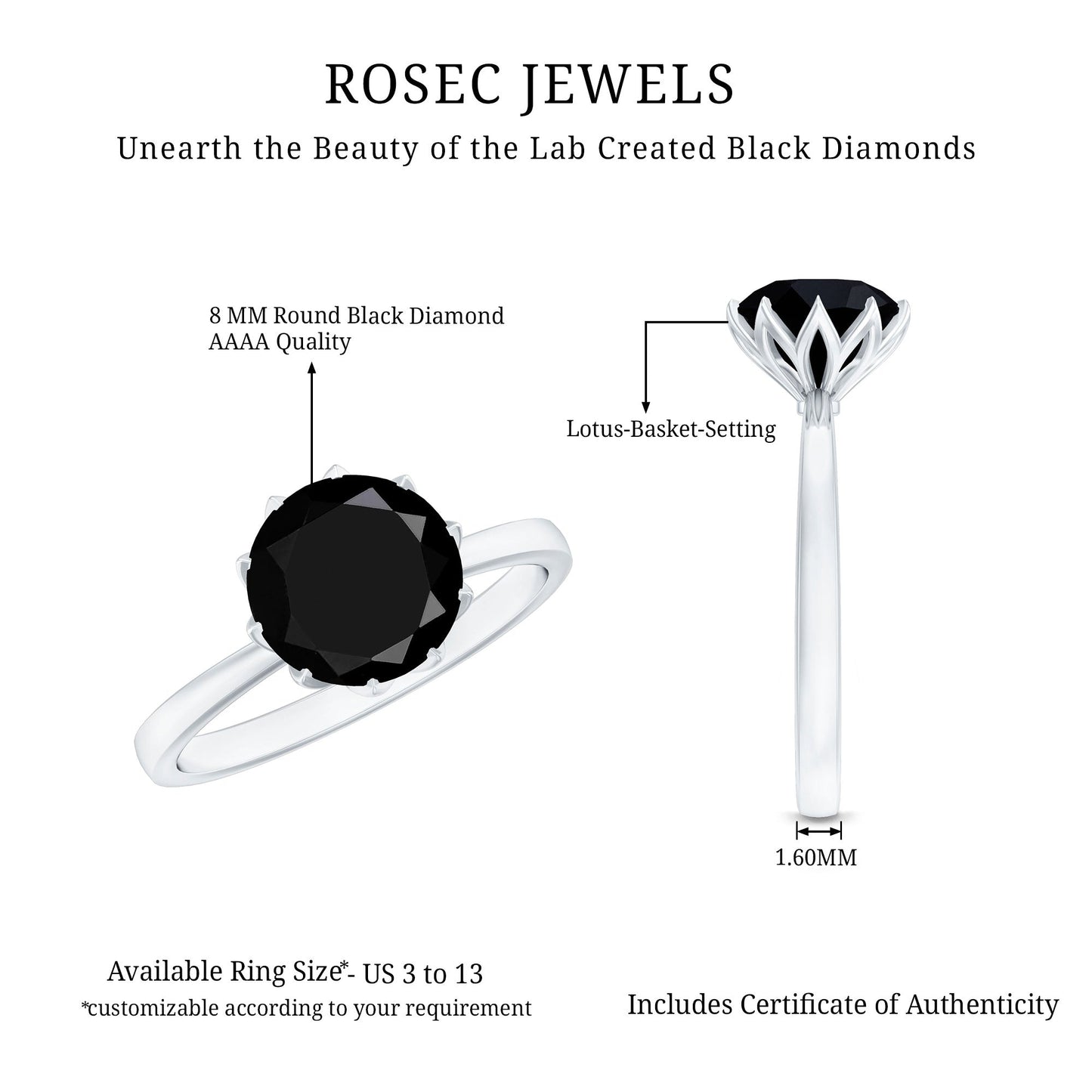 Certified 2 Carat Lab Grown Black Diamond Solitaire Engagement Ring
