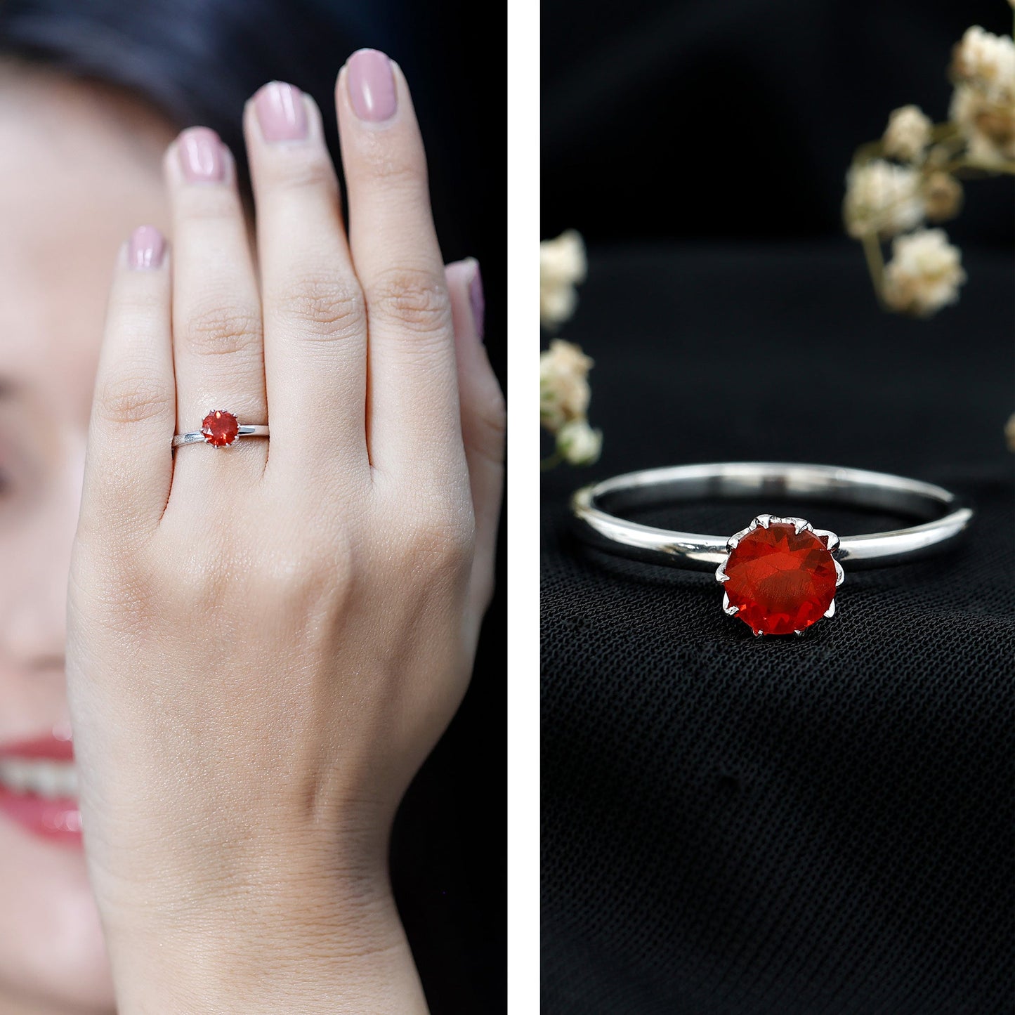 0.75 Carat Round Fire Opal Solitaire Ring in Lotus Basket Setting