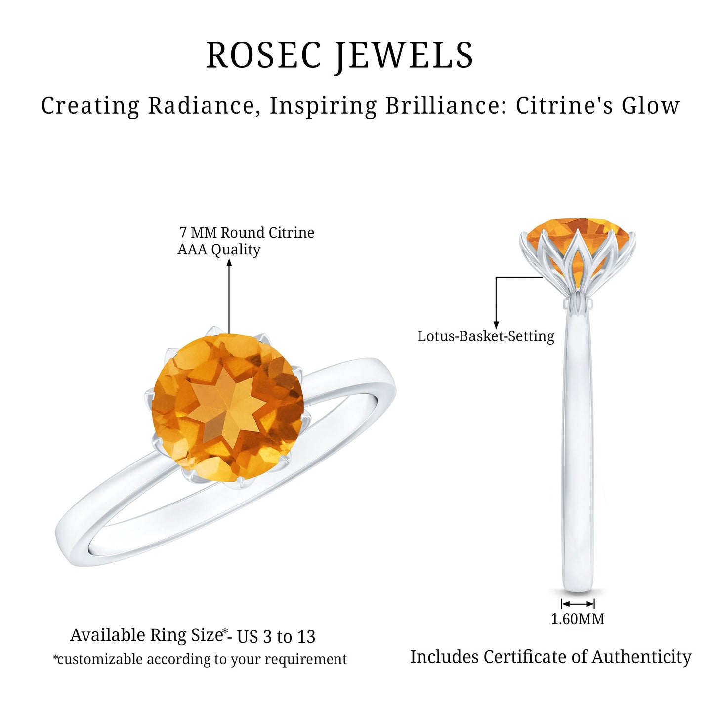 Real Solitaire Citrine Engagement Ring in Lotus Basket Setting