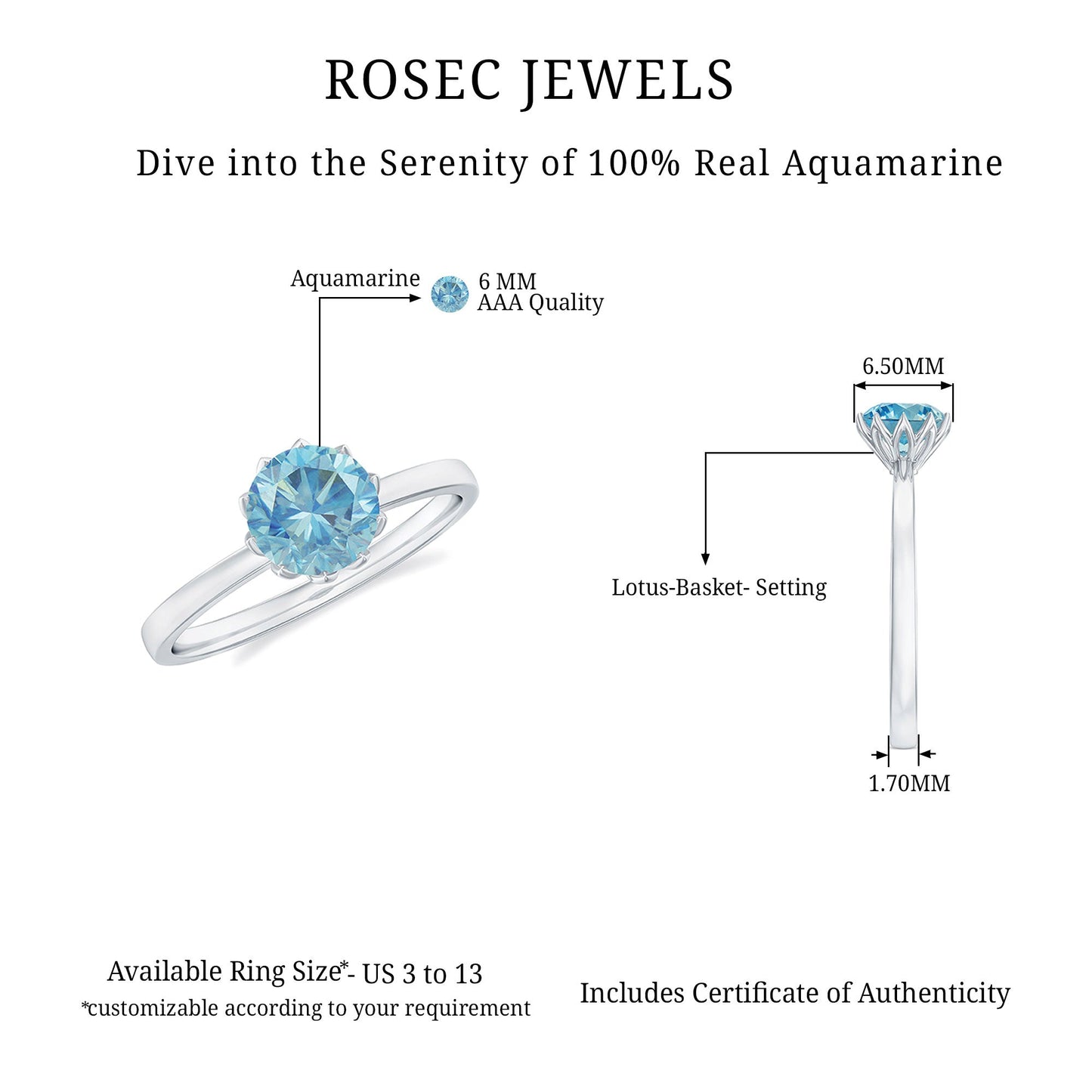 0.8 Carat Round Cut Aquamarine Solitaire Engagement Ring