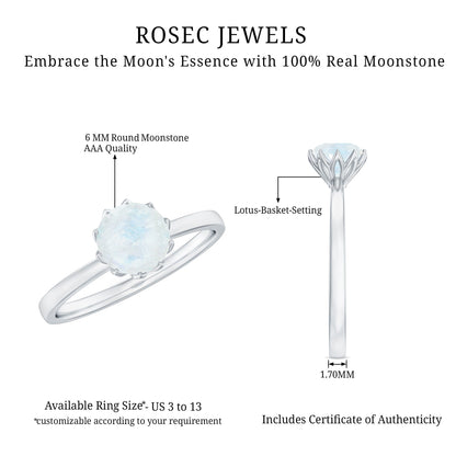 Natural Moonstone Solitaire Ring in Lotus Basket Setting