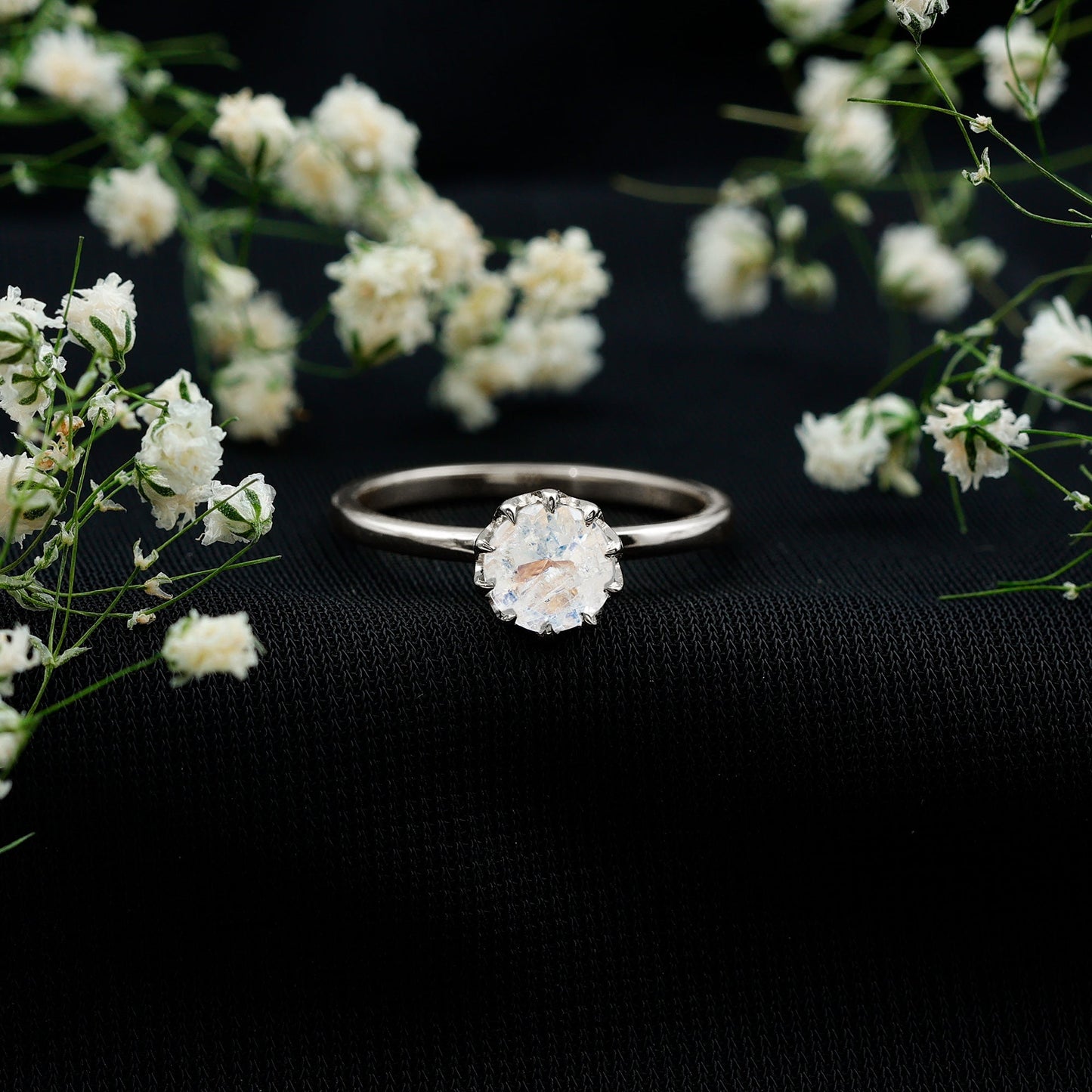 Natural Moonstone Solitaire Ring in Lotus Basket Setting