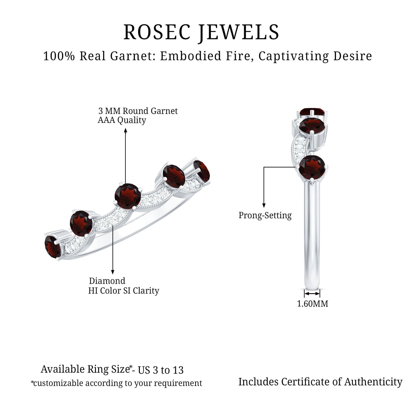 Natural Garnet Diamond Half Eternity Ring for Anniversary